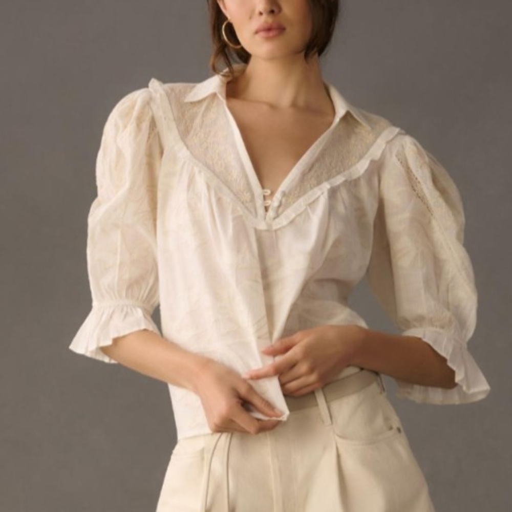 Anthropologie Ivory Boho Embroidered Lace V-Neck Blouse - Smell Excellent